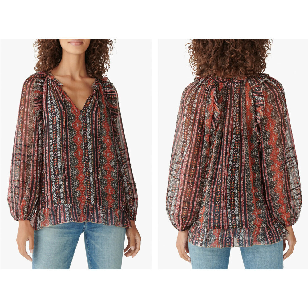 Lucky Brand Long Sleeve Chiffon Peasant Top In Black Multi Size S